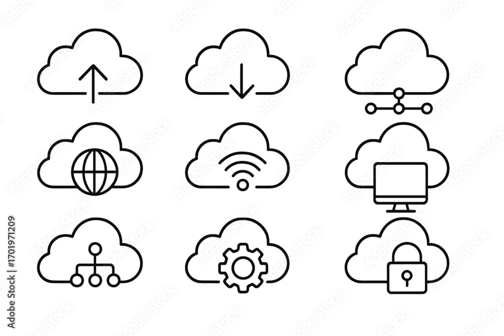 Aufkleber cloud computing outline icon set. web services, technology, data storage, networking, security conce