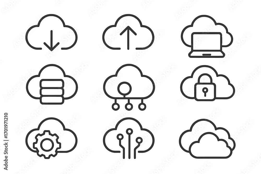Poster cloud computing line icon set. vector illustration of digital technology. collection of symbols for 