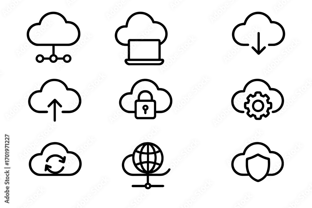Poster cloud computing outline icon set. network and technology symbols. data storage, server hosting, and 