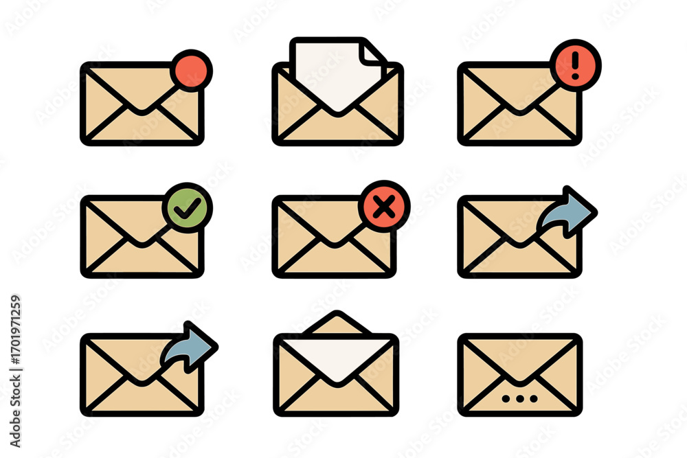 Aufkleber mail envelope icon set for email app interface. vector message status symbols: new, read, sent, erro