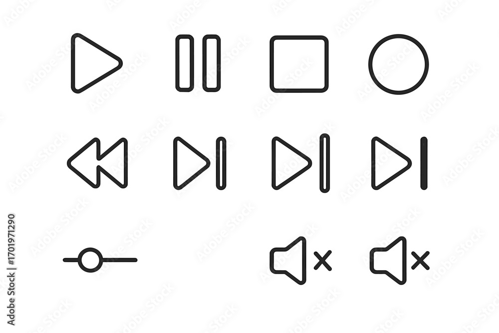 Aufkleber media player control icon set. vector collection of playback buttons for digital media ui design. pl