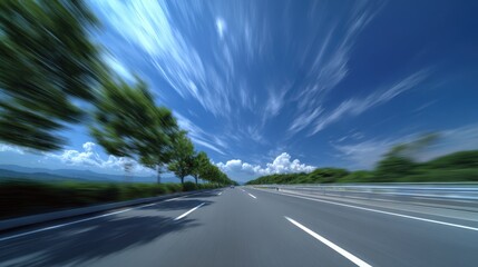 Scenic Highway Journey with Blurred Motion Effect Under a Vibrant Blue Sky with Clouds
