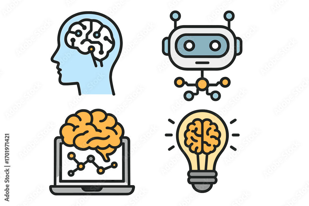 Aufkleber artificial intelligence icon set. ai, machine learning, robot, and brain technology symbols. vector 