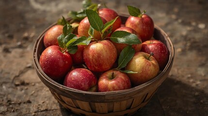 A bountiful collection of freshly harvested red apples with green leaves, set against a dark, rustic background. A rich and colorful image symbolizing health, freshness, and the fall season