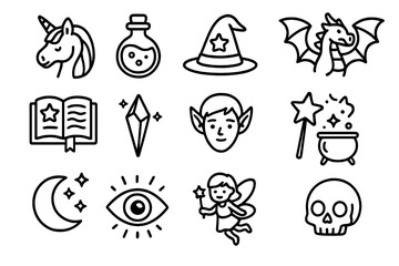 Fantasy magic line icon set. Mystical creatures and enchanted items. Unicorn, dragon, fairy, elf. Witchcraft and wizardry symbols. Potion, spellbook, cauldron, crystal.