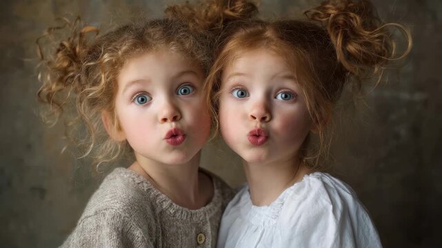 Happy funny sisters twins making silly faces together in a playful moment full of joy and laughter, captured in a cozy indoor setting