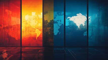 Naklejka premium A vibrant and modern abstract representation of global connectivity through digital maps in warm and cool tones. Ideal for technology, innovation, and business themes.