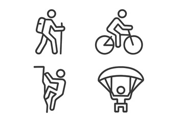 Obraz premium Outdoor activities line icon set hiking biking extreme sports linear collection vector cartoon illustration transparent background ordered set