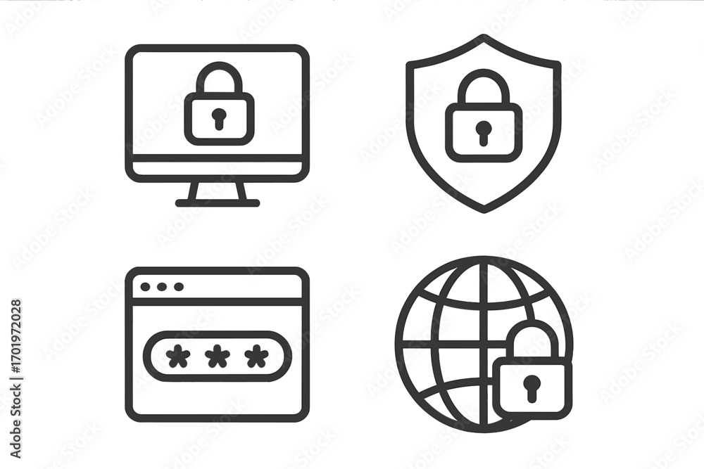 Poster simple line icons representing online security data protection digital safety cybersecurity concepts