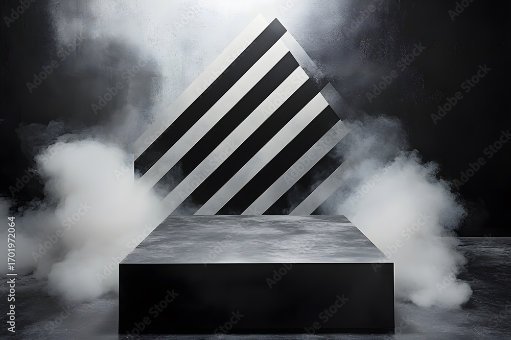 Poster abstract composition featuring geometric shapes emerging from smoke, creating a dramatic visual