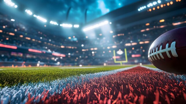 A vivid scene of a football stadium, showcasing vibrant green turf and a close-up of a football resting on the field