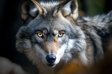 Fototapeta premium A close-up of a wolf with striking yellow eyes, showcasing its dense fur and intense expression, evoking a sense of wildness and nature.