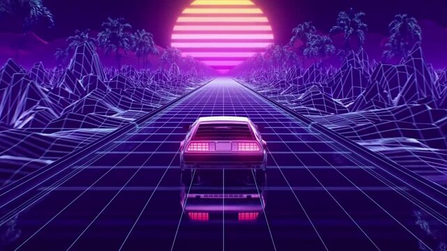 A vintage-style sports car, with its red taillights glowing, drives down a glowing purple grid road.