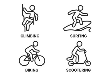 Adventure sports line icon set. Climbing, surfing, biking, and scootering symbols. Extreme outdoor activities pictogram collection. Vector outline illustration for active lifestyle.