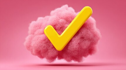 Pink Fluffy Cloud with Bright Yellow Check Mark on Soft Pink Background