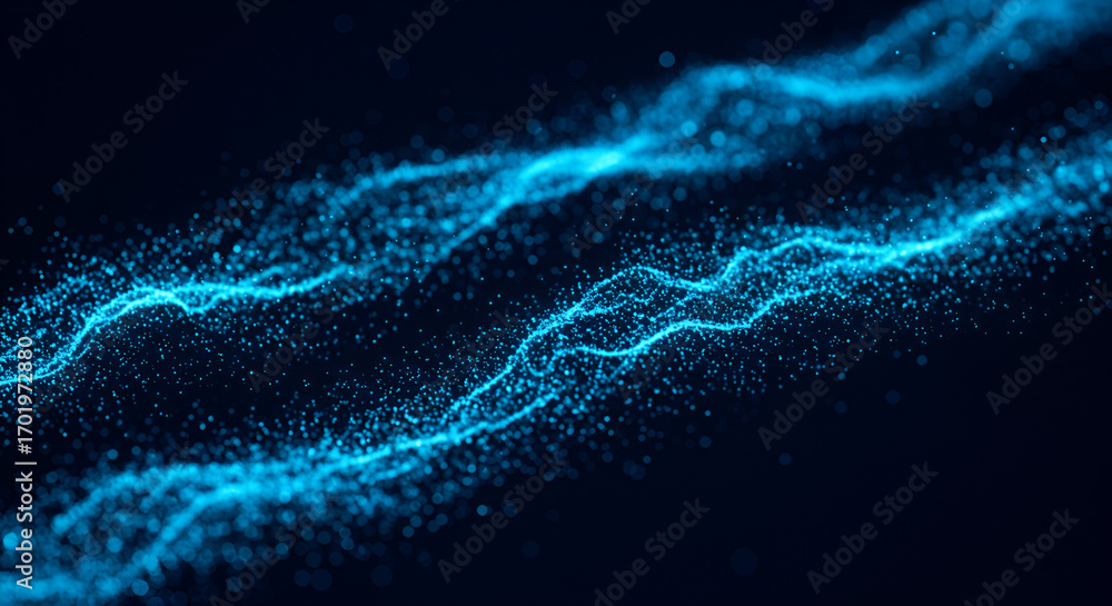 Poster abstract blue glowing particle waves on dark background represents data flow