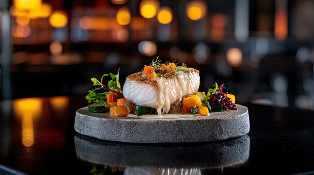Luxury halibut steak with caramelized exterior served on textured stone board accompanied by vibrant vegetable medley and butter sauce in premium restaurant