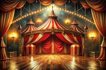 Vintage circus tent stage backdrop with warm lighting and detailed design.