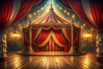 A vibrant circus stage with red and white striped tent and draped curtains.