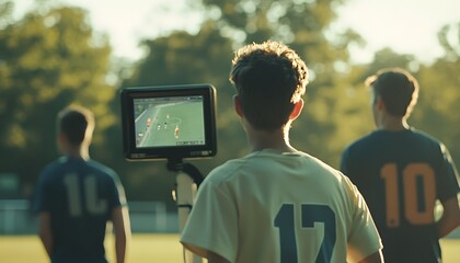 Young athletes analyze gameplay strategy on a sunny field.