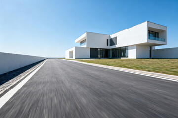 A modern white house with a sleek design stands beside an empty road under a clear blue sky.