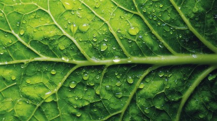 Close-up of a green leaf with textured veins and water droplets on the surface.