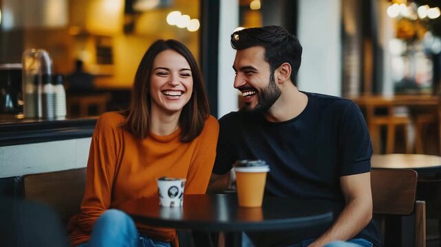 Joyful couple enjoying coffee together in cozy cafe, sharing laughter and smiles during casual date in urban setting