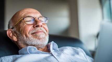 Elderly man relaxing with a content smile while reading indoors in a cozy setting