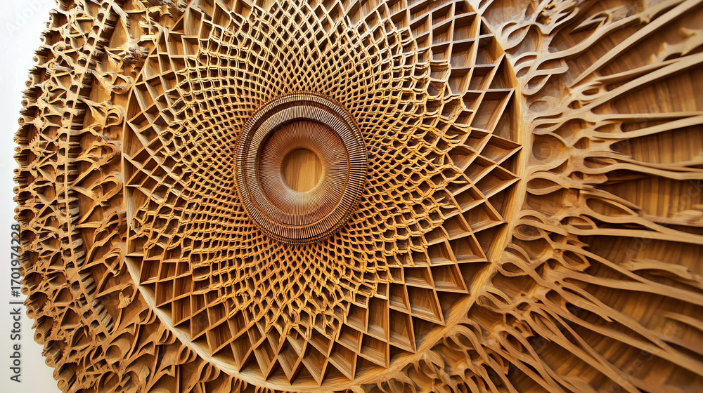 Poster abstract wooden sculpture with concentric circles and intricate geometric patterns creating depth an