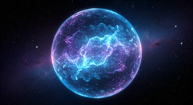 Abstract cosmic nebula with a glowing planet in deep space, science theme