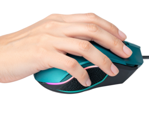 Hand on a Teal Gaming Mouse with RGB Lighting