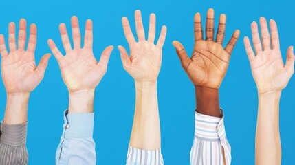Diverse hands raised together on blue background, symbolizing unity, equality, and community.
