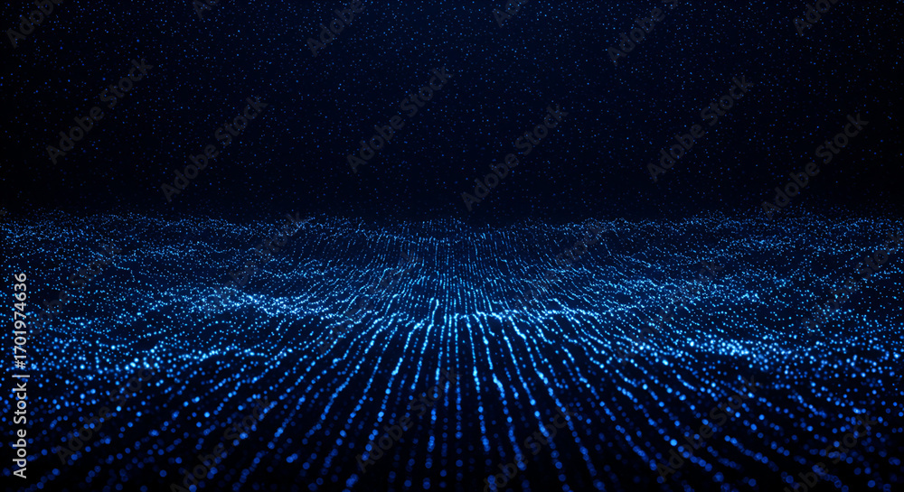 Poster abstract dark blue technology background with digital wavy particle flow