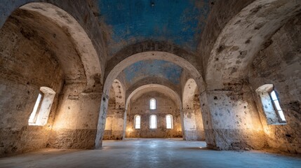 Ancient Stone Hall with Arched Ceilings and Windows Illuminating the Architectural Space