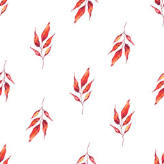 Bright autumn branches with leaves in warm colors. Seamless pattern. Hand-painted watercolor illustration. Isolated on a white background. For decoration, textile, prints, packaging, wrapping paper.