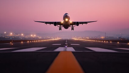 Fototapeta premium Airplane Landing at Dusk: A Breathtaking View