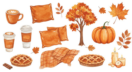 Watercolor autumn illustration. Coffee latte cup, pumpkin, pie, tree, foliage, pillow, candle, isolated. 