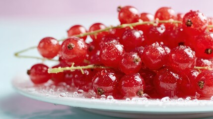 Fresh red currants with water droplets on a white plate, close-up with soft lighting.
