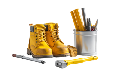Yellow Work Boots and Construction Tools on Black Background