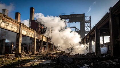 A decaying industrial building with exposed structures, brick chimneys, and billowing steam against a clear sky