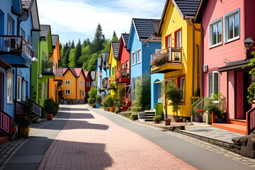 Fototapeta premium Vibrant colored houses line a cobblestone street in a charming coastal village on a rainy day