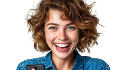 Smiling young woman with curly hair wearing denim jacket joyfully using smartphone to connect with others, showcasing happiness and modern technology in lifestyle