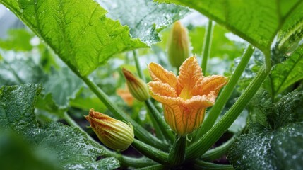 A blooming zucchini flower with raindrops on its petals in a garden close-up.