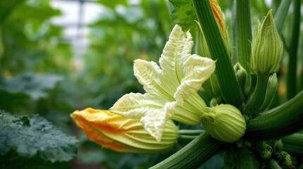 Zucchini plant with large yellow flower in garden, fresh green leaves under sunlight