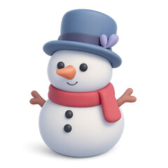 Adorable 3D Render of a Charming Winter Snowman Character, Featuring a Bright Blue Top Hat with a Purple Accent, a Cozy Red Scarf, Classic Carrot Nose, and Sweet Button Eyes, Perfect for Festive Holid