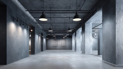 Industrial Style Interior: Empty Concrete Space with Modern Lighting Fixtures and Architectural Details, Ideal for Commercial Use