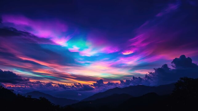 A sky filled with rare, iridescent nacreous (polar stratospheric) clouds after sunset, their beautiful, mother-of-pearl colors shimmering high in the twilight over a dark, silhouetted landscape.