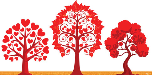 Decorative Red Trees with Heart and Leaf Patterns in Artistic Style for Nature, Love, Wedding, or Seasonal Vector Design
