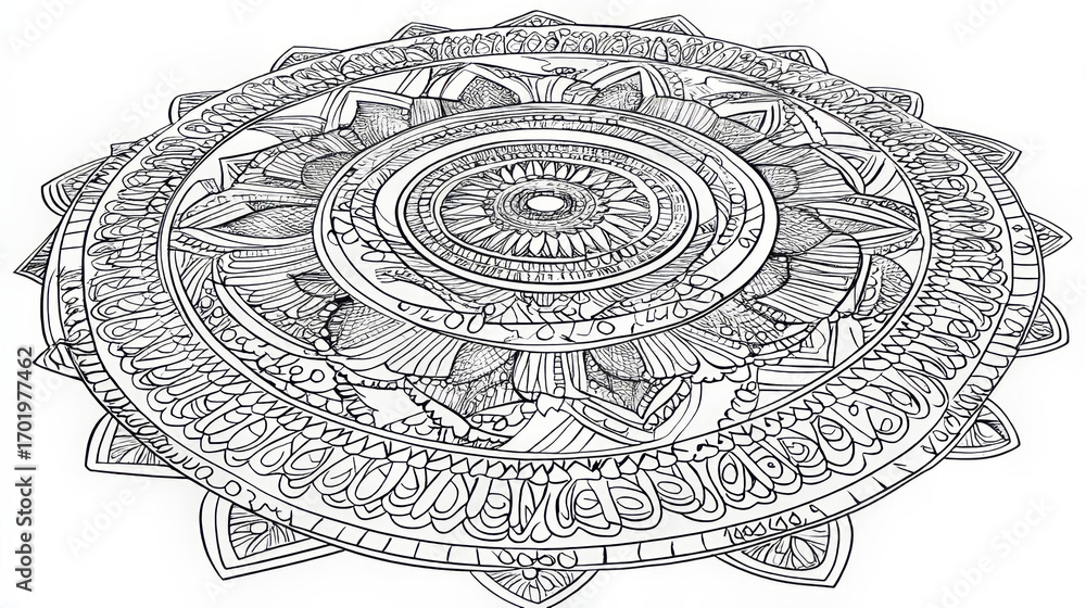 Poster a detailed black and white line drawing of an ornate circular mandala design with intricate patterns
