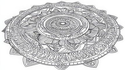 A detailed black and white line drawing of an ornate circular mandala design with intricate patterns and shapes
